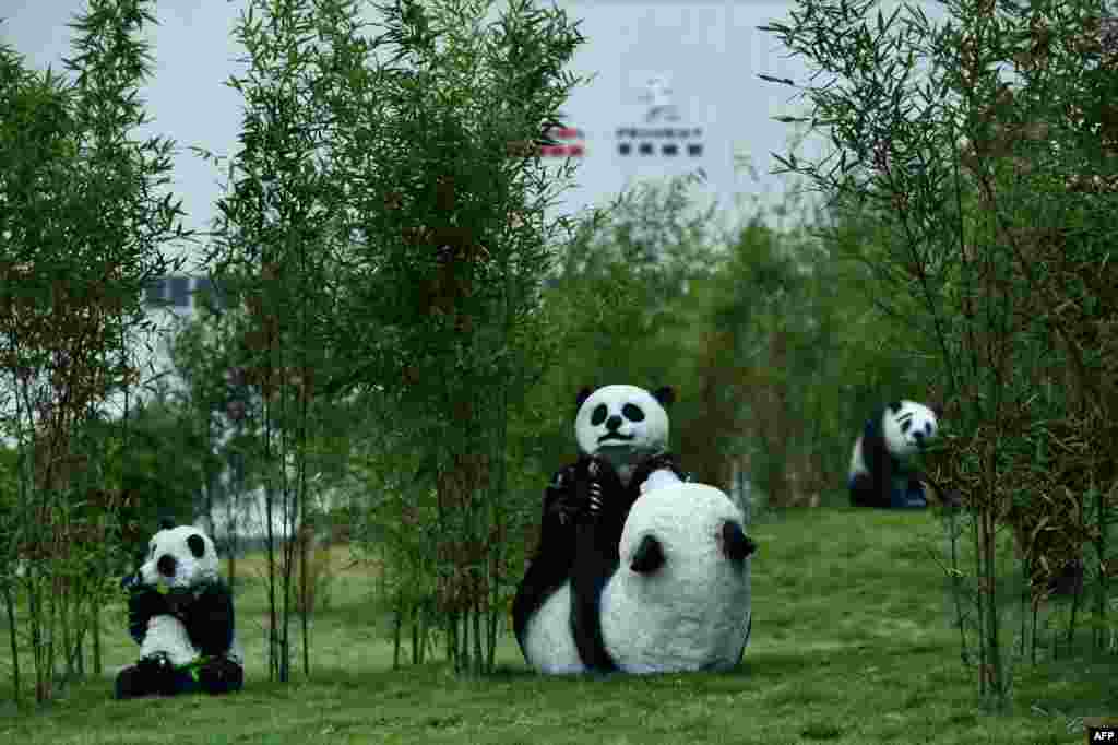 Panda sculptures stand on the grounds at DPCA Chengdu plant in Chengdu, China.