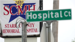 Signs outside Starr County Memorial Hospital in Rio Grande City, Texas.