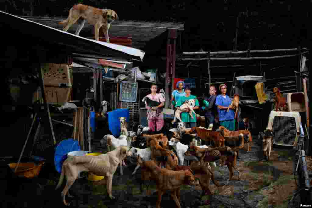 (L-R) Maria Silva, Milena Cortes, Maria Arteaga, Jackeline Bastidas and Gissy Abello with dogs at the Famproa dogs shelter where they work, in Los Teques, Venezuela. Venezuelans struggling to feed their families let alone pets amid an unprecedented economic crisis are increasingly dumping scrawny animals in streets, parks and makeshift shelters.