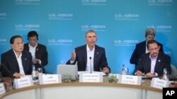 President Barack Obama, center, speaks at the plenary session meeting of ASEAN, the 10-nation Association of Southeast Asian Nations, at the Annenberg Retreat at Sunnylands in Rancho Mirage, Calif., Feb. 15, 2016.