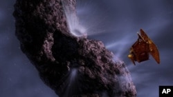 This rendering by artist Pat Rawlings, released by NASA, shows the Deep Impact spacecraft's projected encounter with comet Tempel 1.